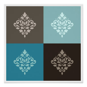 Poster Flèche Damask Pattern Carrés Teals Browns White
