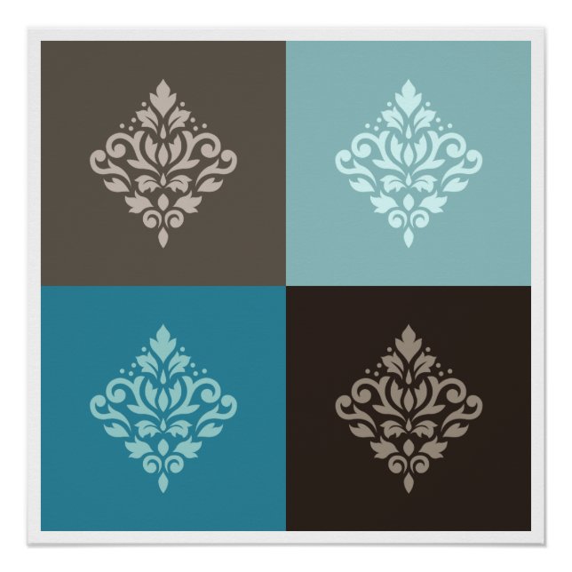 Poster Flèche Damask Pattern Carrés Teals Browns White (Devant)