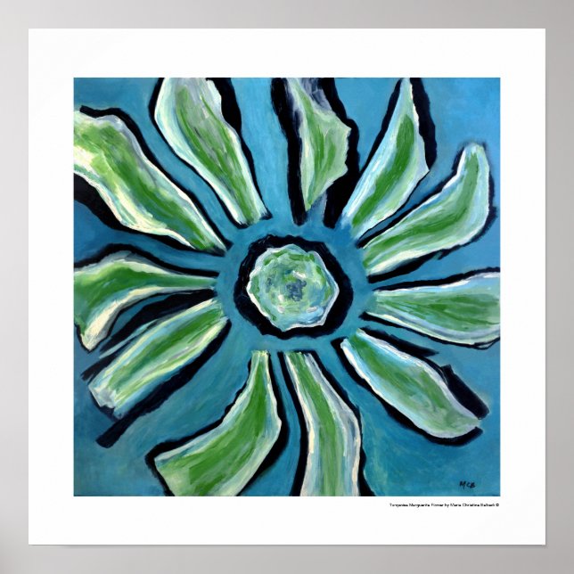 Poster Fleur Abstrait peinture bleue verte sarcelle noire (Devant)