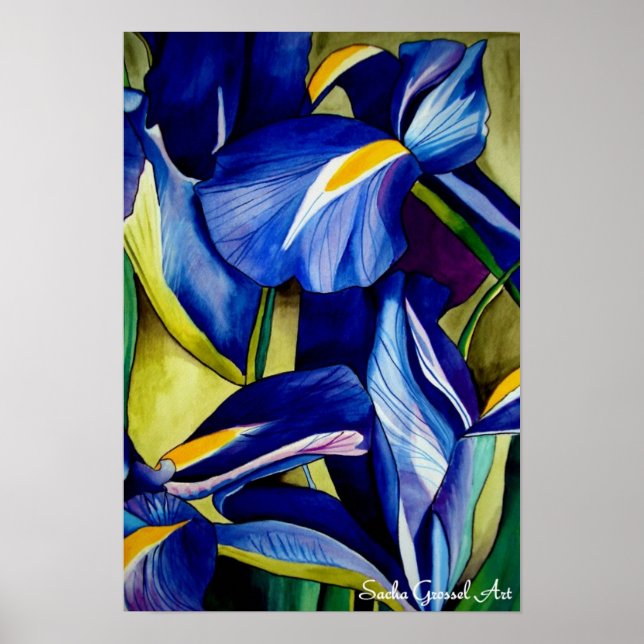 Poster Fleur bleue Iris peinture originale aquarelle (Devant)