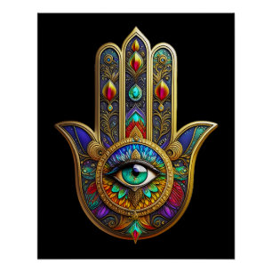 Poster Fleur de couleur de paon Pétales de Hamsa Vert Tro