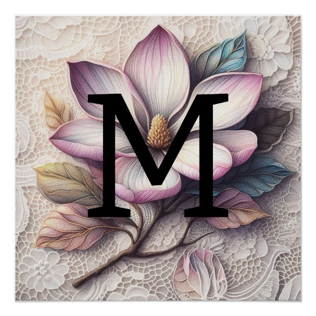 Poster Fleur de magnolia violet rose de dentelle de monog (Devant)