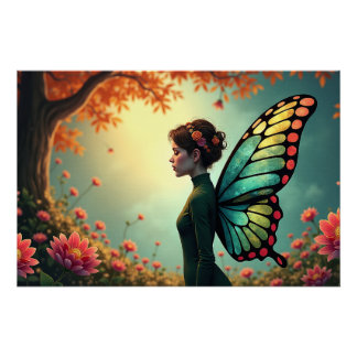 Poster Fleur de papillon - Fée de Whimsical dans un jardi