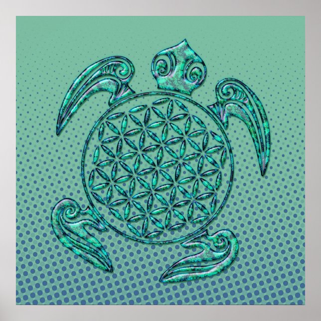 Poster Fleur de vie / Blume des Lebens tortue turquoise (Devant)