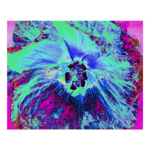 Poster Fleur d'Hibiscus Psychedelique Rétro Verte et Bleu