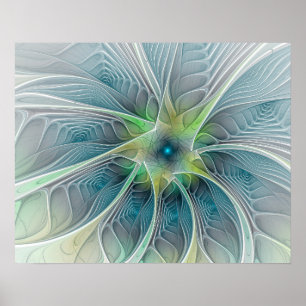 Poster Fleur moderne de fractale de vert bleu