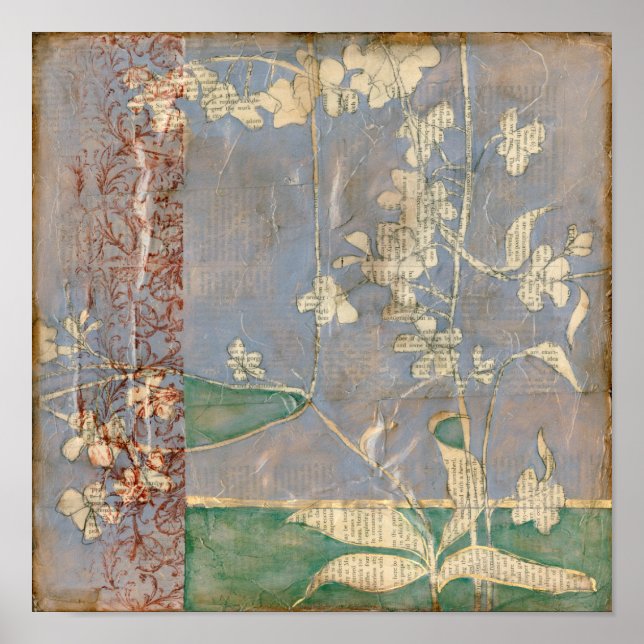 Poster Fleurs blanches sur Arrière - plan de papier journ (Devant)