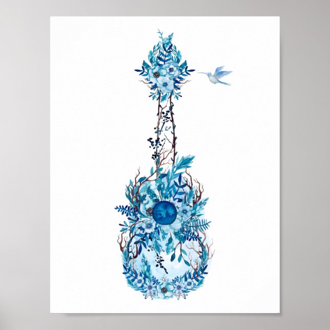 Poster Fleurs bleues Ukulele (Devant)