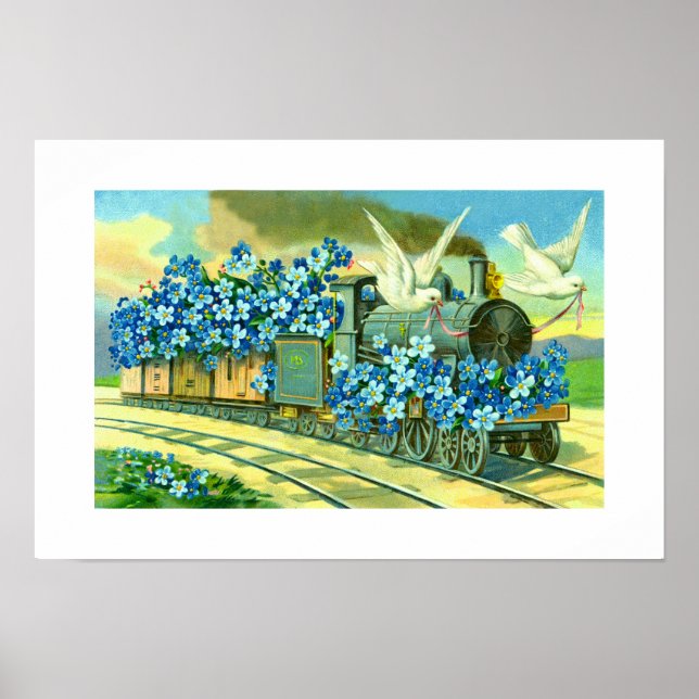 Poster Fleurs, colombes et train (Devant)