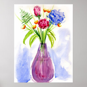 Poster Fleurs dans la toile d'aquarelle Vase