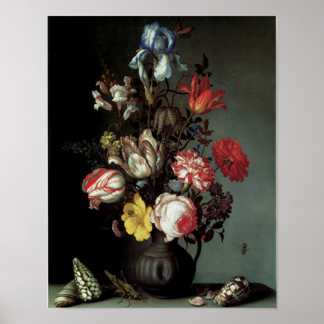 Poster Fleurs dans un vase avec des coquilles et des inse (Devant)