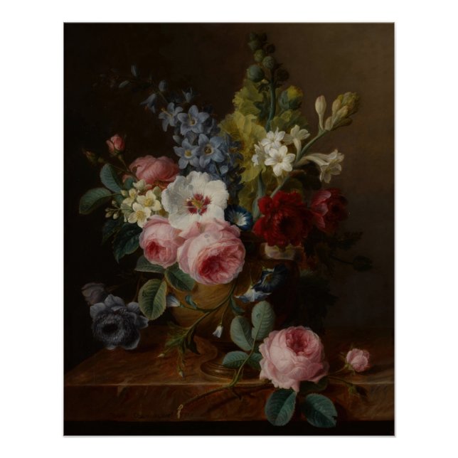 Poster Fleurs dans un vase sur une haie de marbre (Devant)