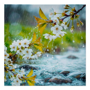 Poster Fleurs de cerisier blanches sereines sous la pluie