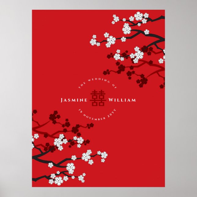 Poster Fleurs de cerisier et double bonheur Mariage chino (Devant)