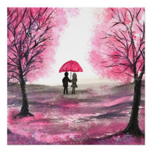 Poster Fleurs de cerisier rustique Amour couple Parapluie
