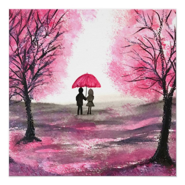 Poster Fleurs de cerisier rustique Amour couple Parapluie (Devant)