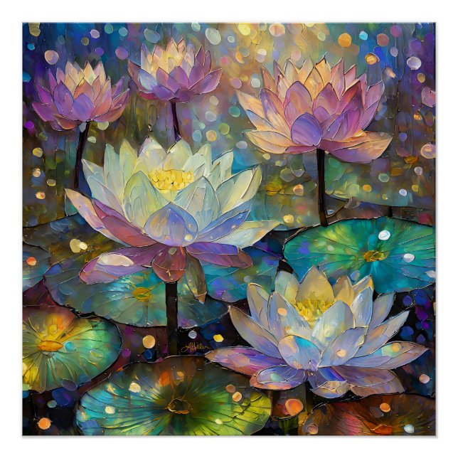 Poster Fleurs de lotus délicates s'épanouissant dans la n (Devant)