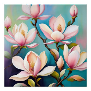 Poster Fleurs de magnolia rose