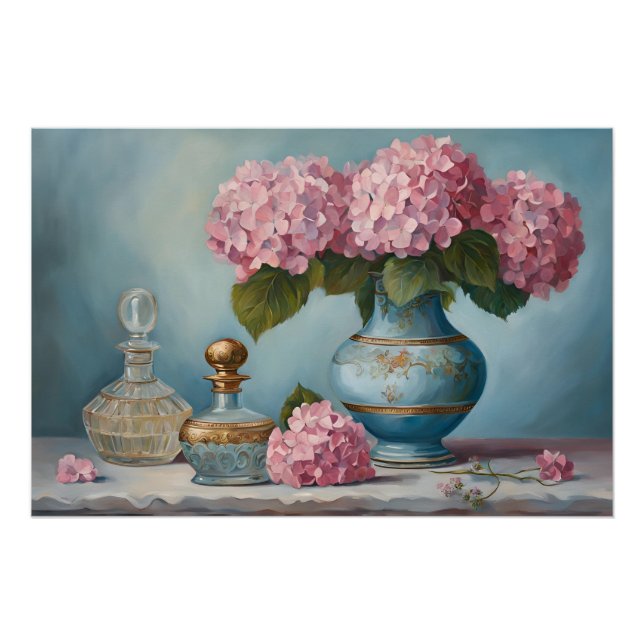 Poster Fleurs d'Hydrangée rose et bouteilles de parfum Vi (Devant)