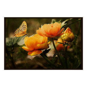 Poster Fleurs d'or et papillon