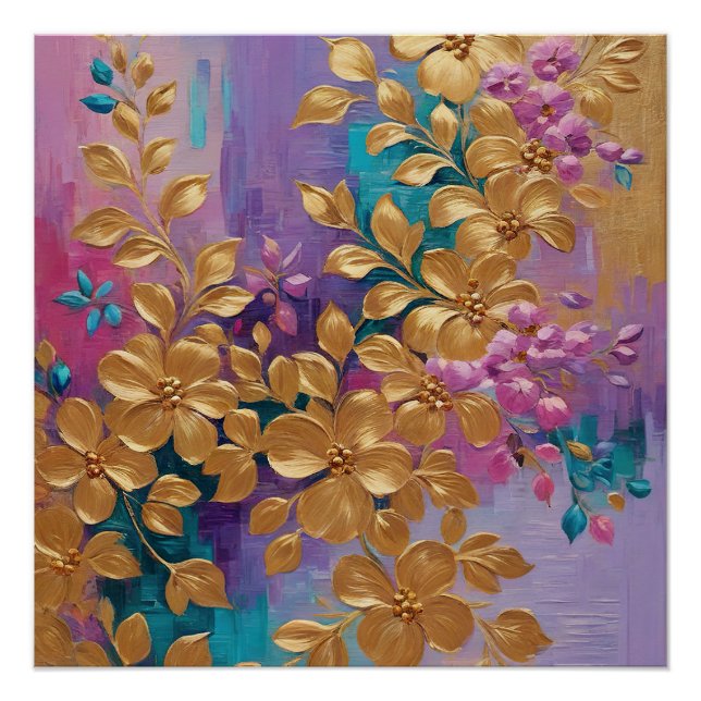 Poster Fleurs D'Or Peintes Sur Lilac Rose Turquoise (Devant)