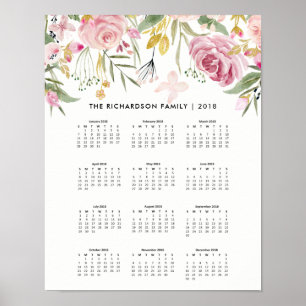 Poster Fleurs d'or rose et Faux   Calendrier 2018