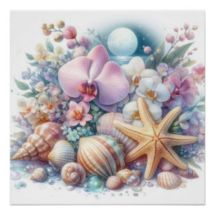 Poster Fleurs d'orchidée et coquillages étoile de mer aqu