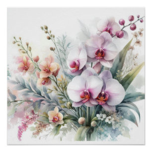Poster Fleurs d'orchidées tropicales aquarelle pastel 