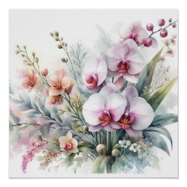 Poster Fleurs d'orchidées tropicales aquarelle pastel  (Devant)
