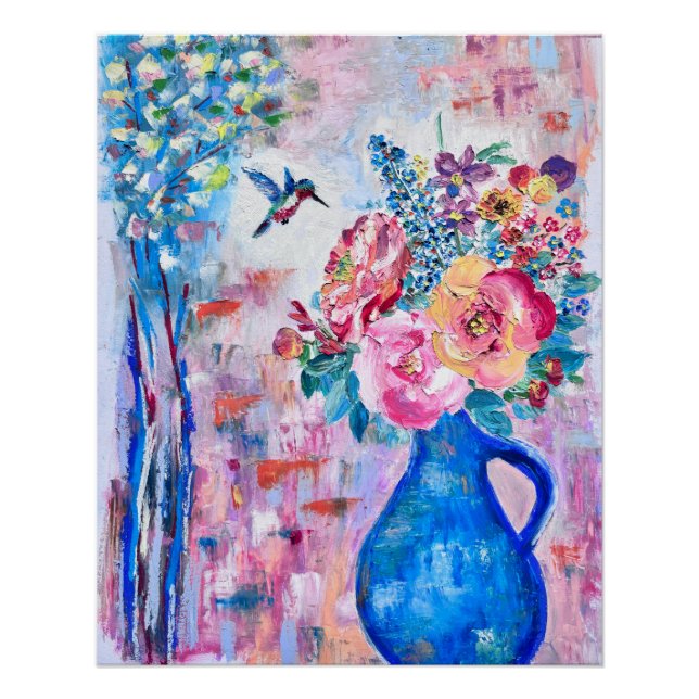 Poster Fleurs en fleurs et colibri huile Pastel (Devant)