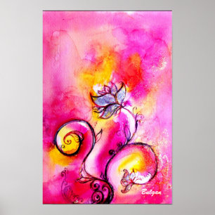 Poster FLEURS FANTAISISTES rose jaune bleu