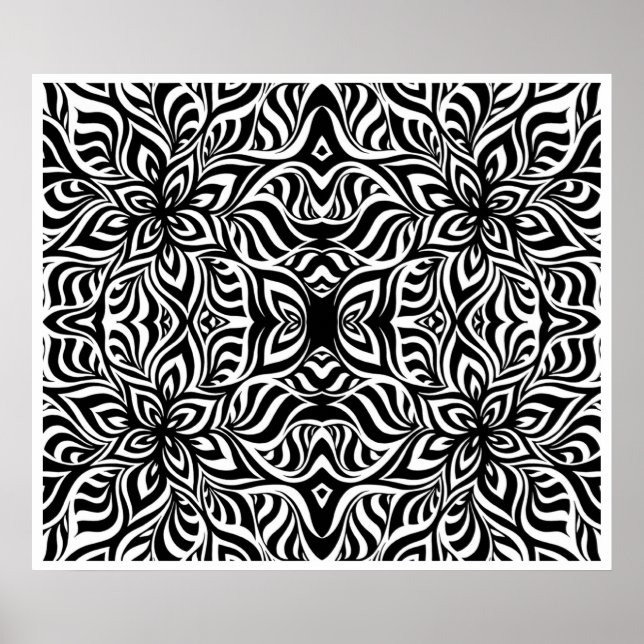 Poster Fleurs fractales d'encre noire et blanche (Devant)