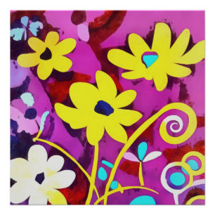 Poster Fleurs Jaunes Abstraites Sur Viva Magenta