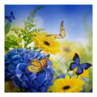 Fleurs Jaunes Bleues Avec Papillons