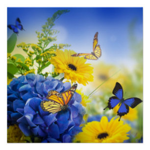 Poster Fleurs Jaunes Bleues Avec Papillons