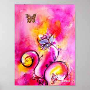 Poster FLEURS & PAPILLONS FANTAISISTES rose jaune bleu