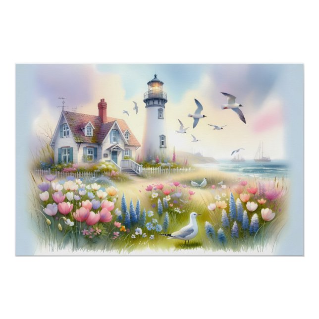 Poster Fleurs printanières près d'un cottage côtier et d' (Devant)