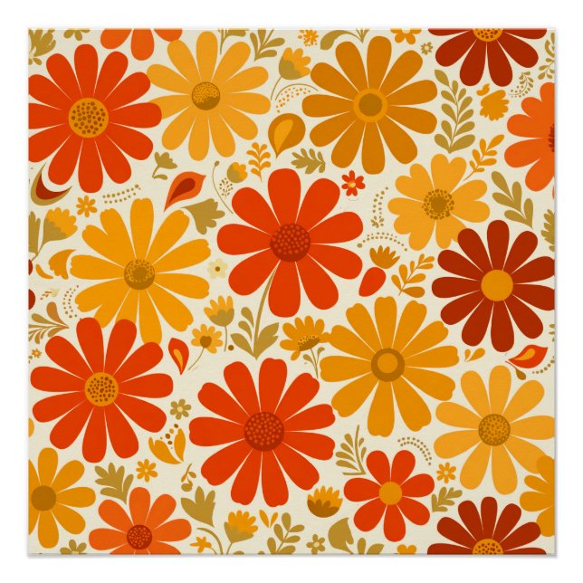 Poster Fleurs Rétro Joyeuses et Éloignées Orange Brûlé et (Devant)