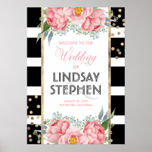 Poster Fleurs roses Elégant Mariage de rayures noires Bie