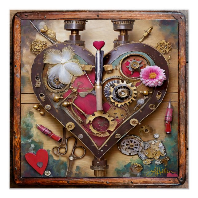 Poster Fleurs Rouge à Lèvres Coeur Série Steampunk (Devant)