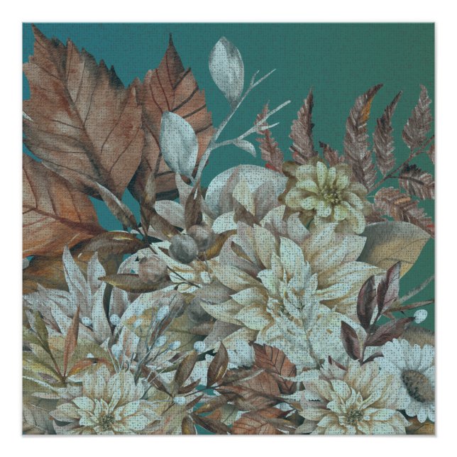 Poster Fleurs Rustiques antiques peintes sur Turquoise (Devant)