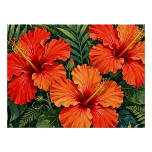 Poster Fleurs tropicales de jungle d'hibiscus orange luxu