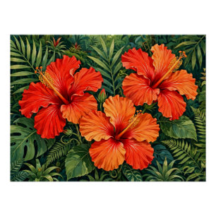 Poster Fleurs tropicales de jungle d'hibiscus orange luxu