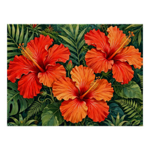 Poster Fleurs tropicales de jungle d'hibiscus orange luxu