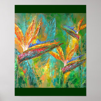 Poster Fleurs Tropicales Oiseaux De Peinture Paradisiaque