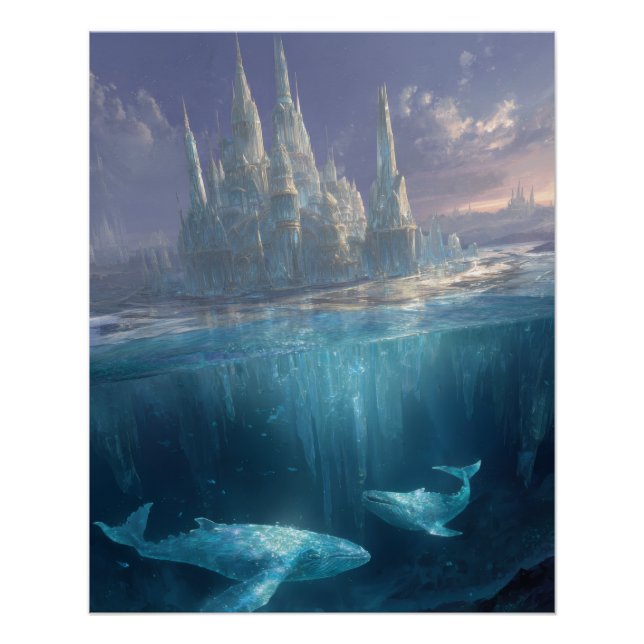 Poster Floating Ice Castle With Ocean Whales (Devant)