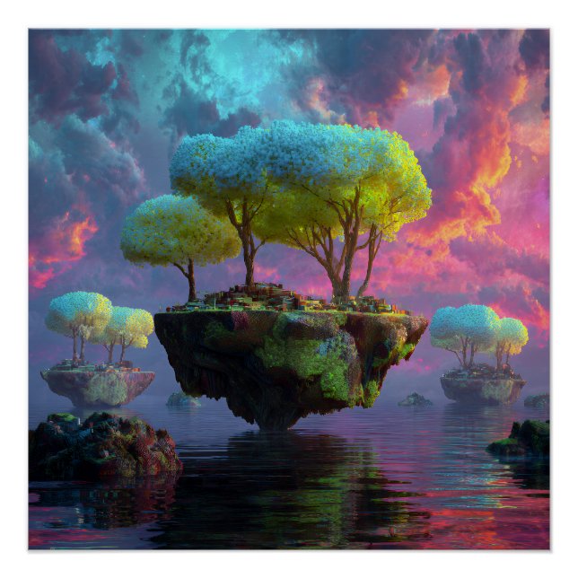 Poster Floating Turquoise Tree Islands Neon Sky (Devant)