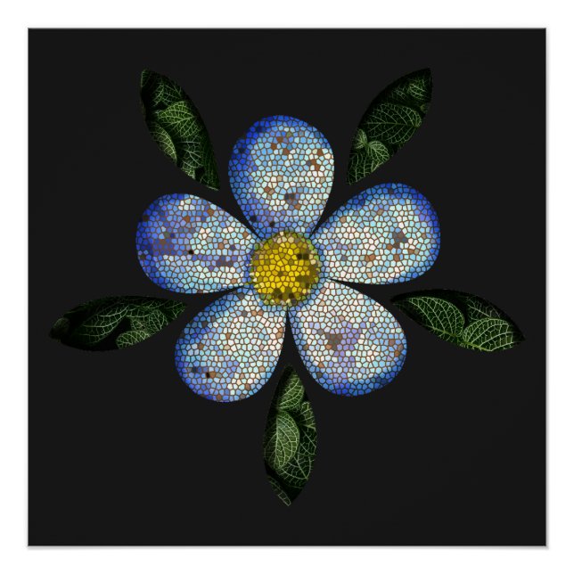 Poster Flor Azul com Folhas Escuras em Composição Moderna (Devant)