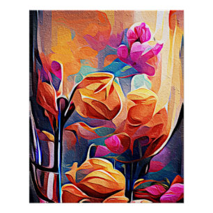 Poster Floral Abstract Art Orange Red Blue Flowers