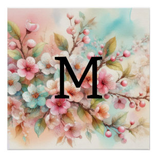 Poster Floral aquarelle monogramme rose cerisier fleurs